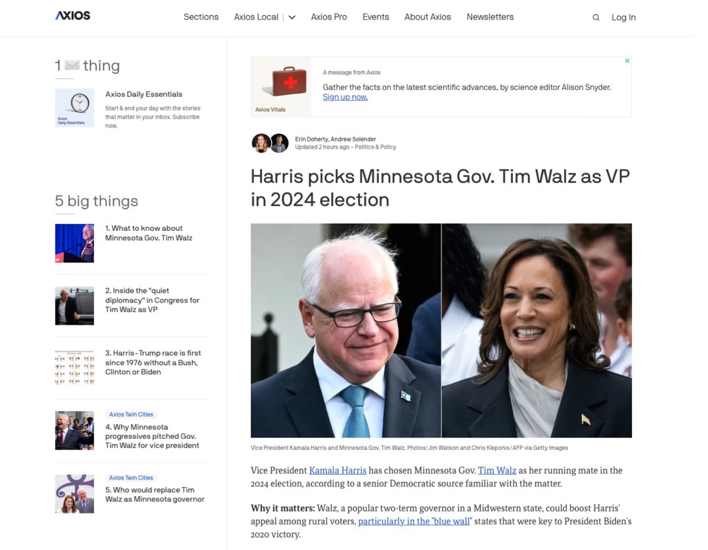 Screenshot of the Aug. 6 Axios homepage featuring news about company layoffs and images of Tim Walz and Kamala Harris