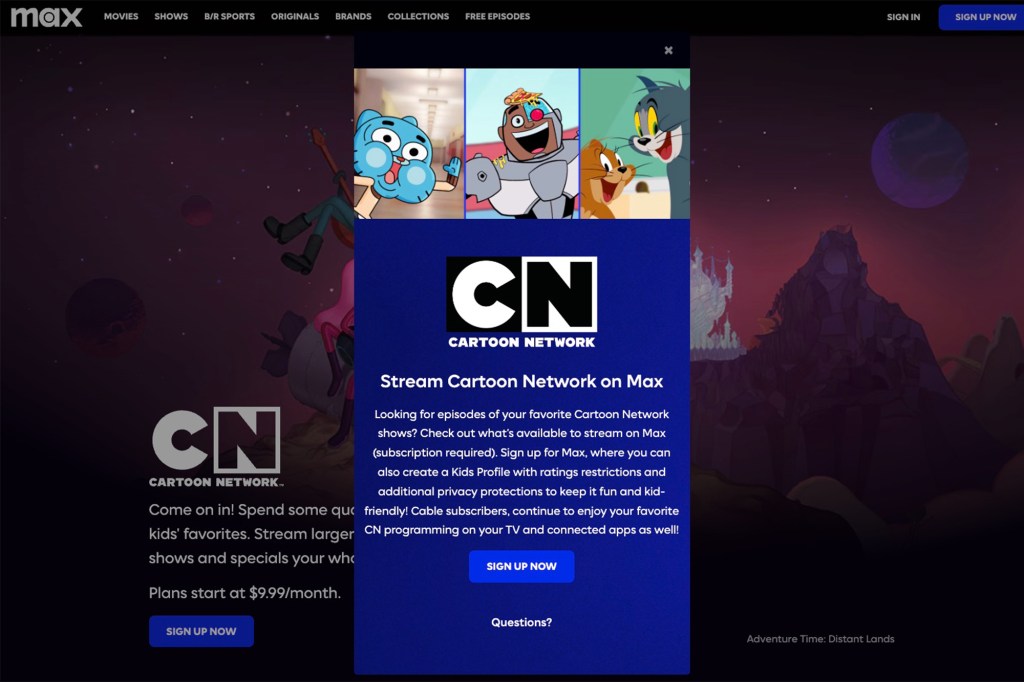 View of Warner Bros.'s Cartoon Network website closure notice. Discovery redirecting visitors to the Max website